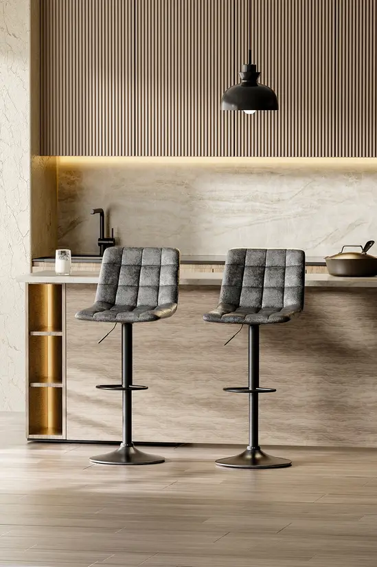 Living and Home Grey Gas Lift Upholstered Swivel Bar Stool Set of 2