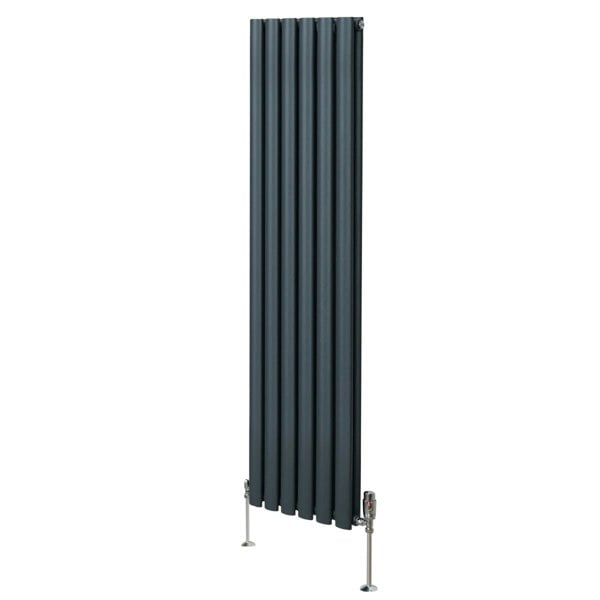Oval column radiator in anthracite grey, 1600mm x 360mm, featuring sleek vertical lines and modern valve design for efficient heating