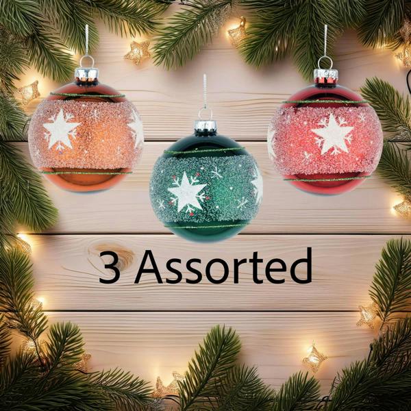 8cm Glass Christmas Baubles 12 Pack in Orange, Green and Red with Mixed Decorative Designs image 3