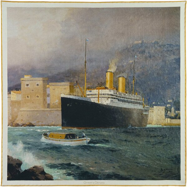 Otway & Orford 'Into the Storm' ocean liner silk pocket square in green, gold, off-white & black (42 x 42cm)