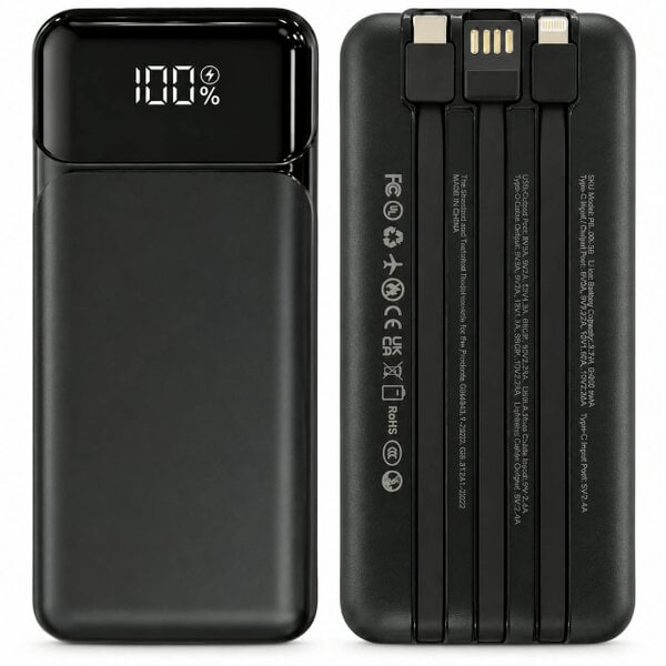 ATEK 10000mAh Portable Power Bank Built-In USB-C Lightning Cables LED Display Black