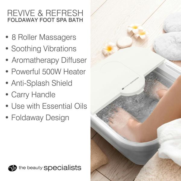 Promotional slide featuring a person using the Foldaway Foot Spa Bath, with key product features listed: 8 Roller Massagers, Soothing Vibrations, Aromatherapy Diffuser, Powerful 500W Heater, Anti-Splash Shield and Foldaway Design. This footbath is a perfect foot soaker for those looking for an all-in-one foot massage spa experience at home.