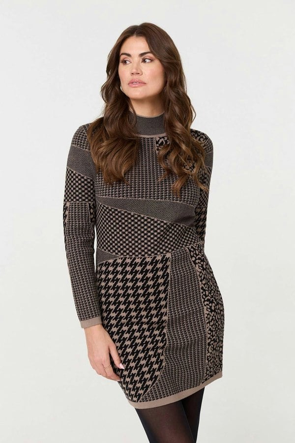 Beige | Printed High Neck Bodycon Mini Dress
