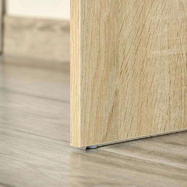 Oak wood-look desk leg and bottom edge of an L-shaped corner desk