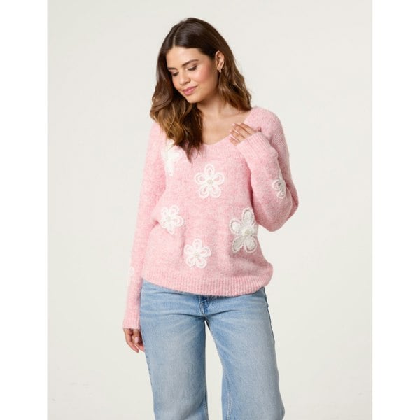 Blue Vanilla V Neck Flower And Pearl Jumper - Pink