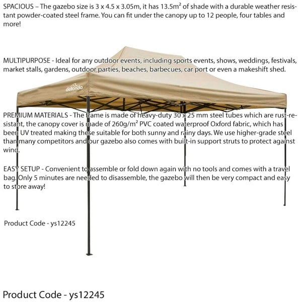 3x4.5m Pop-Up Gazebo & Side Walls Set BEIGE Strong Outdoor Garden Pavillion Tent - LoopsDirect