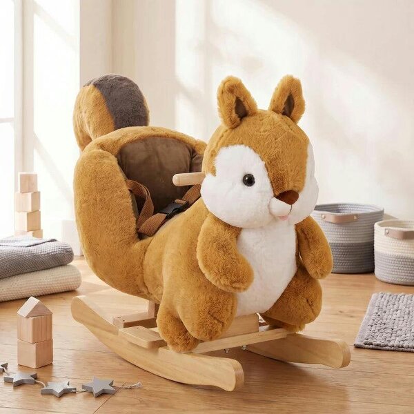 Rocking Horse, Stable Plush Ride on Horse Squirrel Design with Animal Sounds, Security Belt for Toddlers 1-3 Y, Brown