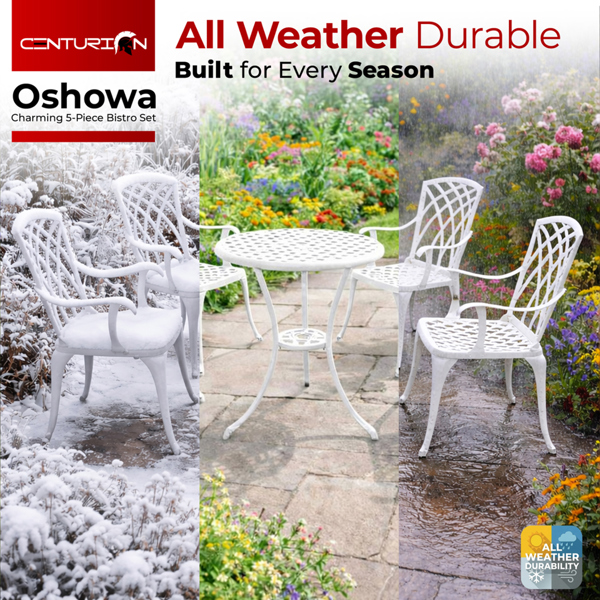 Centurion Supports OSHOWA Luxurious Garden and Patio Table and 4 Large Chairs with Armrests Cast Aluminium Bistro Set - White with Green Cushions