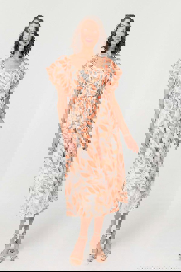 Orange | Leaf Print Short Puff Sleeve Midi Dress
