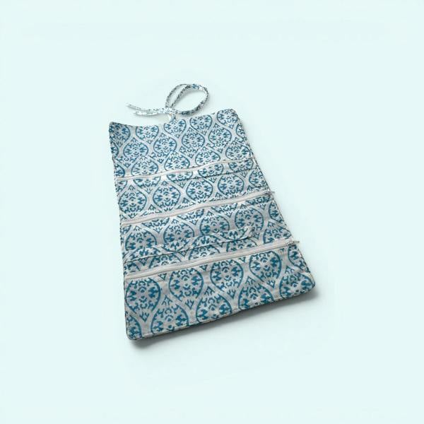 Hayley & Co Cotton Jewellery Roll - Light Blue and White Block Print
