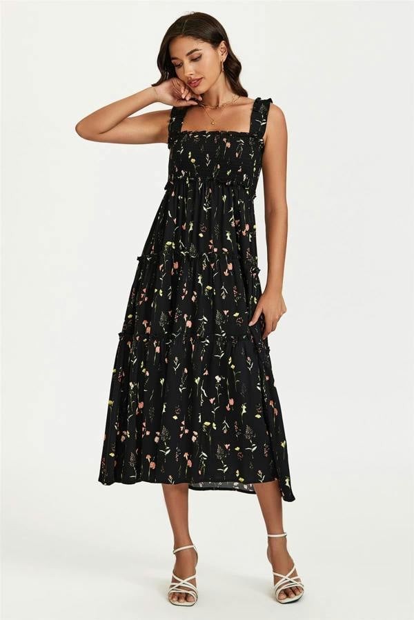 FS Collection Floral Print Hem Detail Tiered Maxi Dress In Black