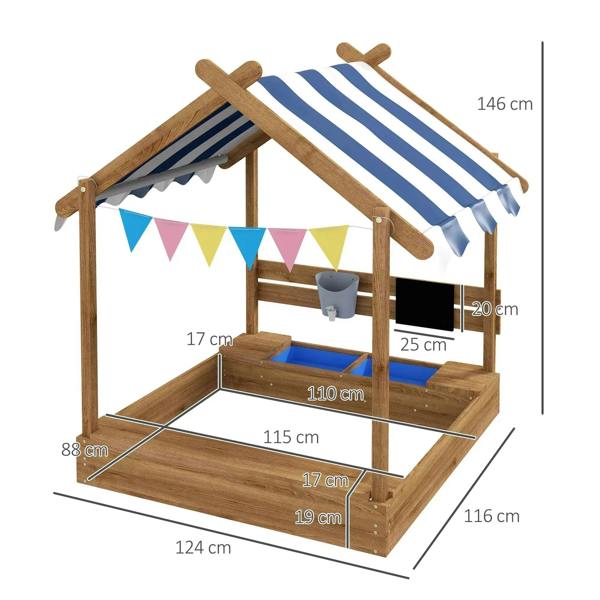 Wooden sandbox playhouse with striped canopy, bench seats, and small bucket accessory