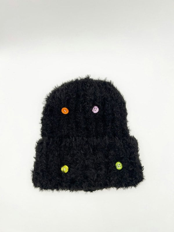 SVNX Fluffy Beanie Colourful Buttons In Black