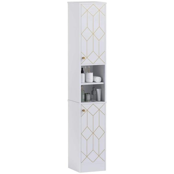 Tall slim white bathroom storage cabinet with two doors and geometric lattice panels