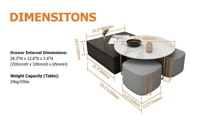 Weilai Concept RS2 Nesting Coffee Table Set With Two Stools