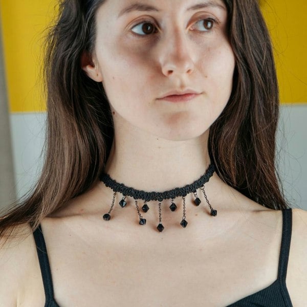 The Colourful Aura Black Beaded Lace Victorian Gothic Emo Halloween Dangle Choker Necklace