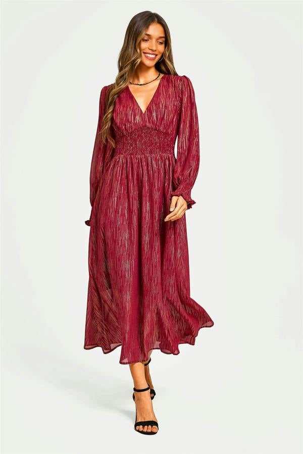 FS Collection Gold Stripe Foil Long Sleeve Maxi Dress In Wine