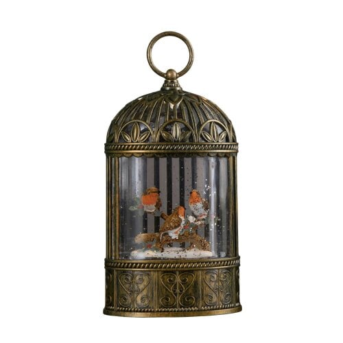 Samuel Alexander 24cm Dual Powered Light up Christmas Cage Water Spinner with Robin Scene & LEDs