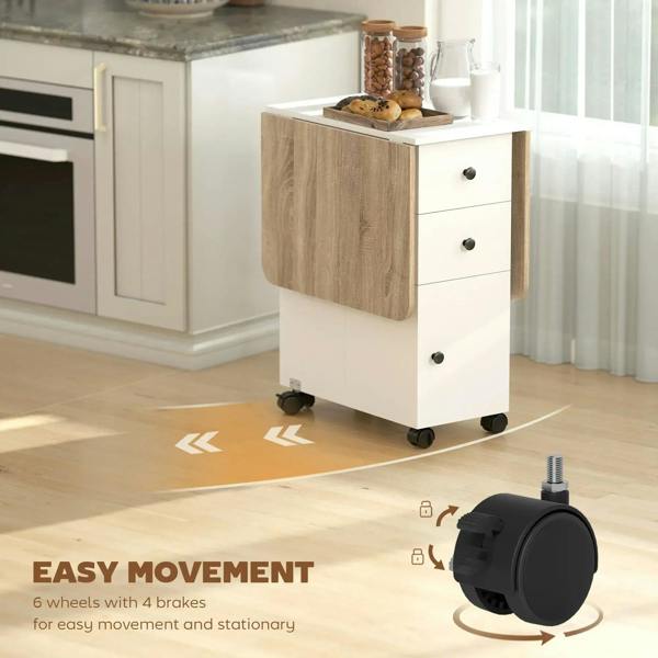 White and oak dining table cart with cabinet door, drawers, and easy-move wheel base