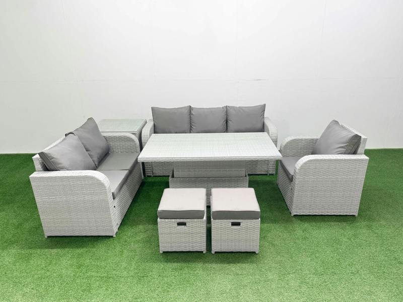 Fimous 8 Seater Patio Sofa Set, PE Wicker Rattan, Adj Height Table, Reclining Chair, Loveseat, 3 Seater Sofa, Stool and Side Table, Light Grey