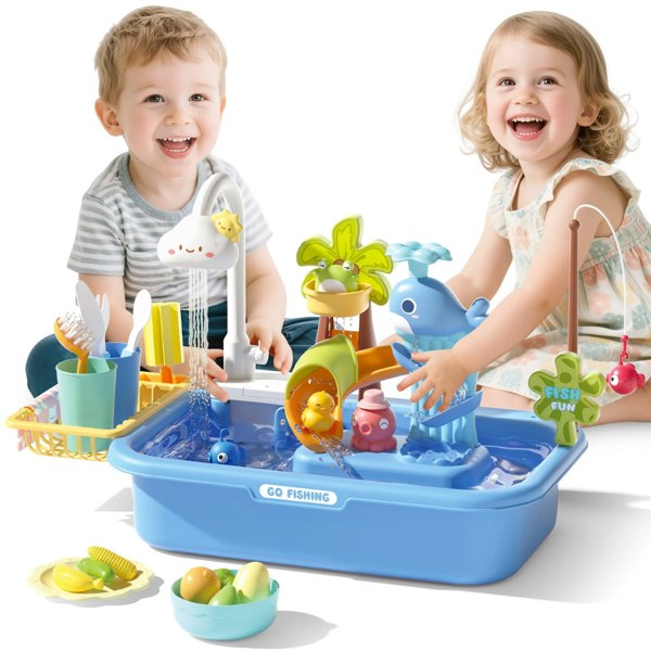 deAO Toys blue Pretend Play Kitchen Sink with Real Running Water -4-in-1 Water Play sink