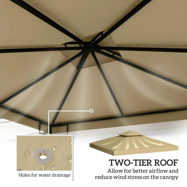 Beige double-tier gazebo roof cover underside with support beams and drainage holes