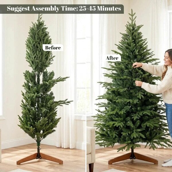 Bobobiy 180 cm Artificial Christmas Tree Full Hinged Xmas Tree Solid Pine Wood Stand, Green