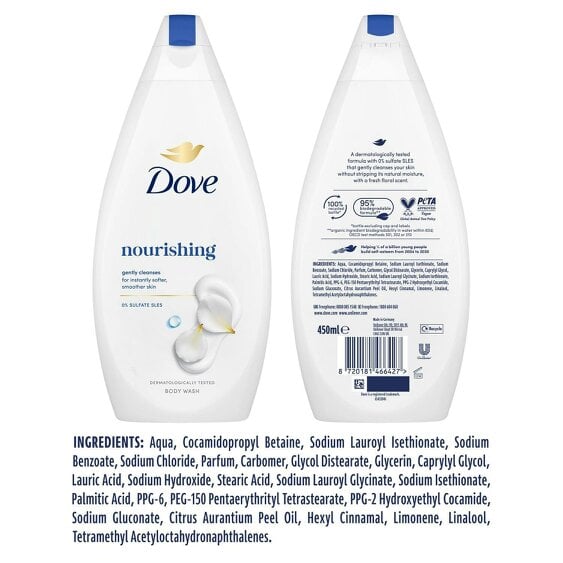 Dove Nourishing Body Wash 4 Pack, 0% Sulfate SLES Shower Gel, 450ml