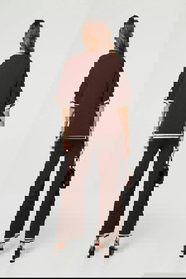 Brown | Floral Trim Top & Trousers Co-Ord Set
