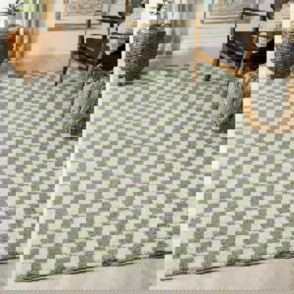 Livabliss Fossay Shag-Washable Beige Green High Pile Checkered Rug