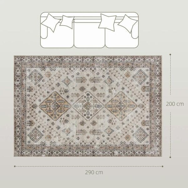 Vintage Area Rug, Non-Slip Washable Rug, Flannel Floor Carpet for Living Room, Bedroom, Dining Room, Home Office, 290 x 200 cm, Beige