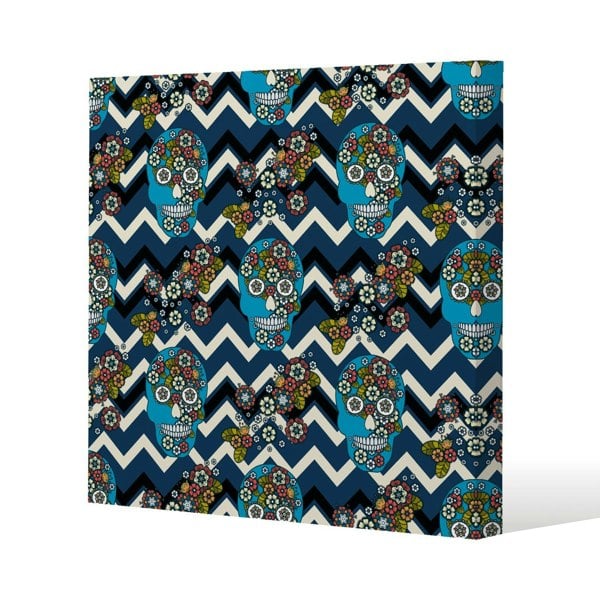 Benjamin Tate Design Embroidery colorful simplified ethnic skull Blue pattern Slim Style Canvas Print  90x90cm , 15mm Slim Real wood.