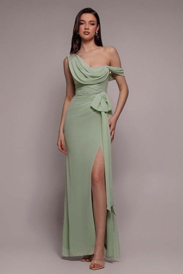 One Shoulder Cowl With Bow Detail Maxi Dress - Sage Green DR4606