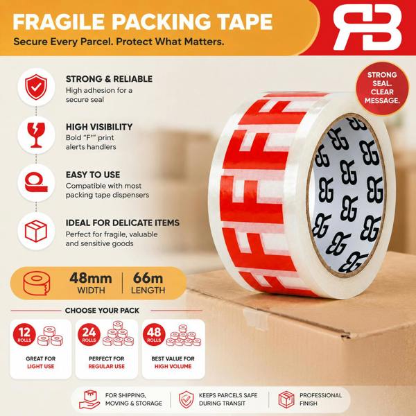 RexBrown Packing Tape 48mm x 66m Clear Brown Fragile Parcel Box Tape 12, 24 or  48 Rolls