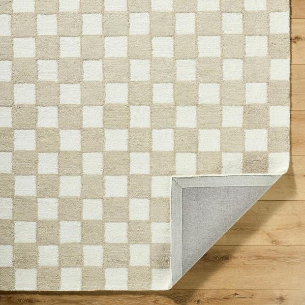 Livabliss Klopp-Hand Tufted Beige Ivory Wool Checkered Fringe Rug