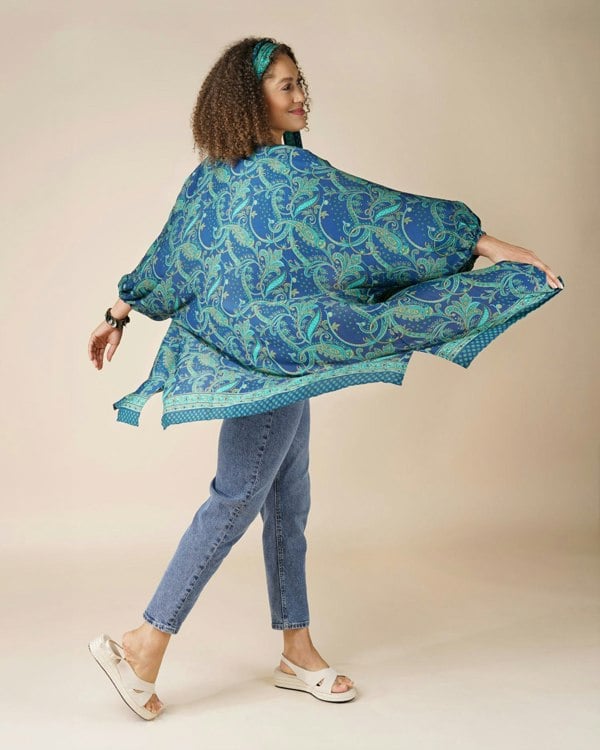 Antonia York Anastasia Silky Paisley Open Batwing Sleeve Jacket - Jade & Blue