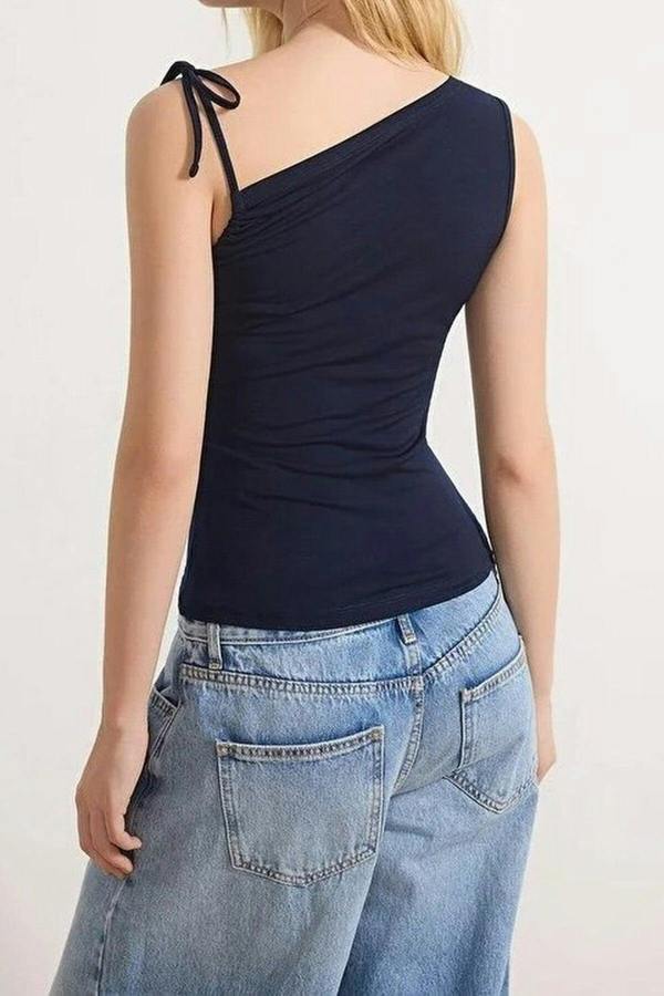 WOVCOR Fitted Asymmetrical Neckline Tie Detail Stretch Knit Blouse