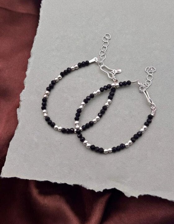 The Colourful Aura Baby/Kids Nazaria Black Beaded Silver Bracelet/Anklet - 2 Pcs