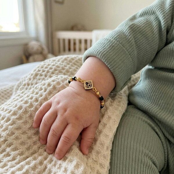 The Colourful Aura Gold Plated Black Bead Om Zircon Centre Charm Kids Nazaria Bracelet