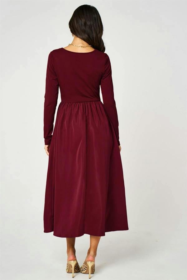 FS Collection Burgundy Square Neck Button-Front Long Sleeve Midi Dress