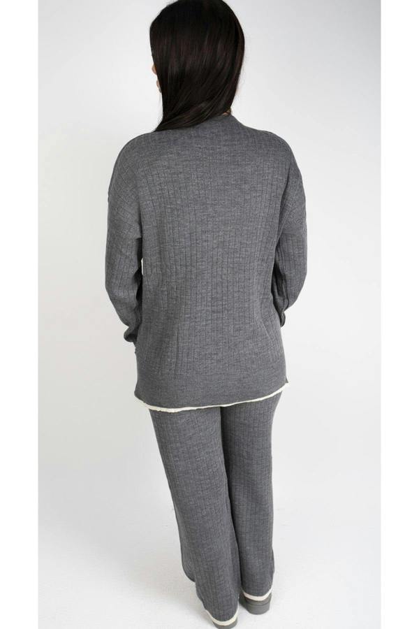 Lara Ribbed Contrast Trim Top And Wide Leg Trouser Co-ord Set - Grey