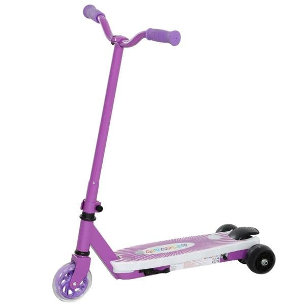 Purple kids electric scooter with flashing LED deck lights and rear auxiliary wheels