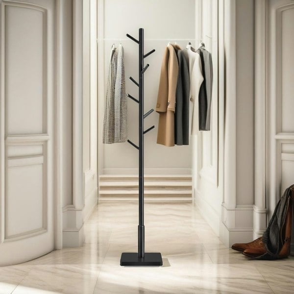 Rafaelo Mobilia Wooden Square Base Coat Stand With 8 Hooks Black