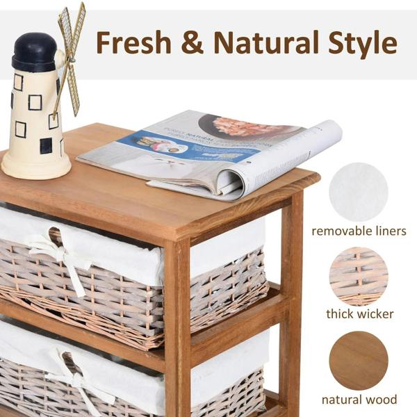 Wicker basket drawer storage cabinet corner with wooden top and removable white liners