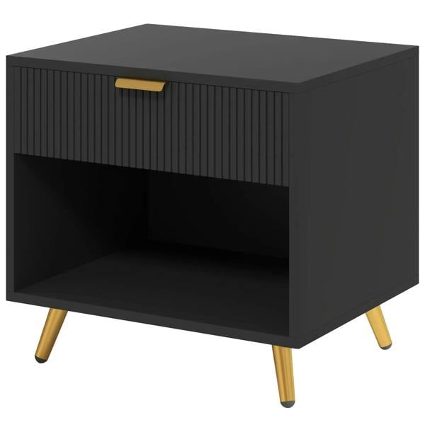 Black bedside table with drawer, open shelf, and gold-tone legs