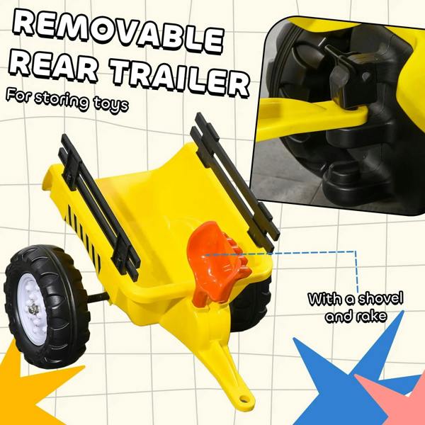 Yellow rear trailer attachment with black sides, plus orange shovel and rake