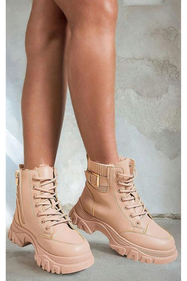 Clarissa Chunky Lace Up Platform Ankle Boots - Beige