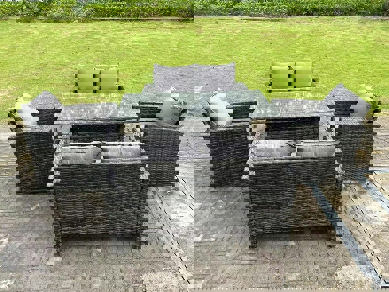 Fimous 6 Seater Outdoor Dark Grey Mixed High Back Rattan Sofa Dining Table Set Garden Furniture Arm Chairs Love Sofa