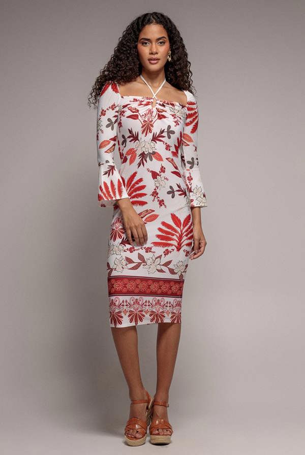 Printed Tie Back Midi Dress - Cream DR3576