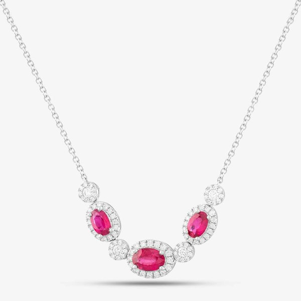 T. H. Baker 18ct White Gold 1.67ct Oval Cut Ruby & 0.68ct Brilliant Cut Diamond Halo Necklace N02990R 18KW